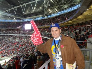 Tom Bateman, president of Bring Back the Los Angeles Rams, traveled to London in 2012 to watch the St. Louis Rams play the New England Patriots. courtesy: Tom Bateman